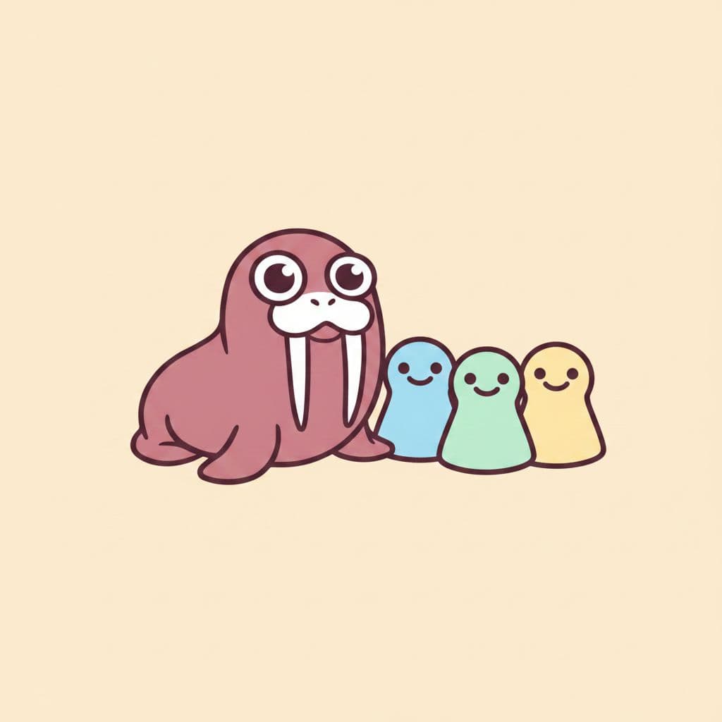 A walrus beside its small, colorful team